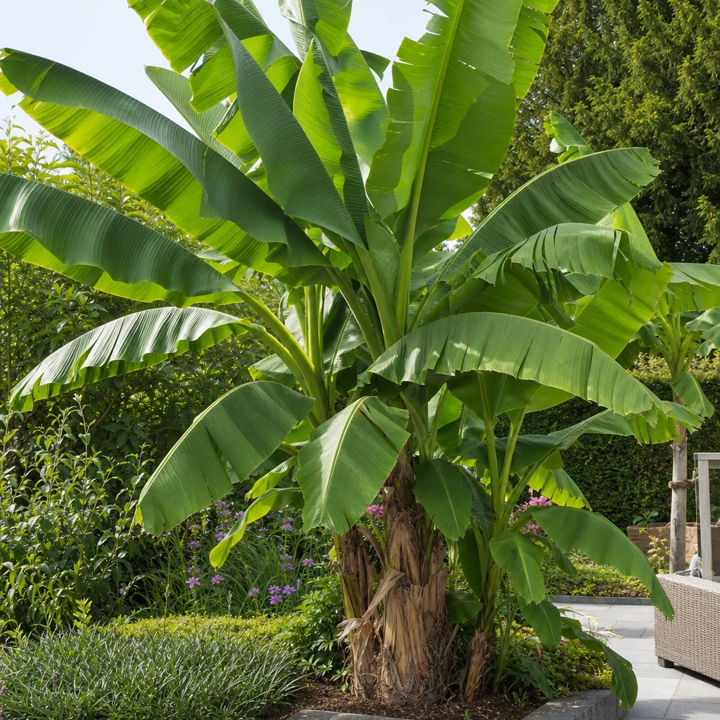 Volwassen Musa basjoo plant met indrukwekkende bladerkroon in een beschutte, zonnige tuinhoek