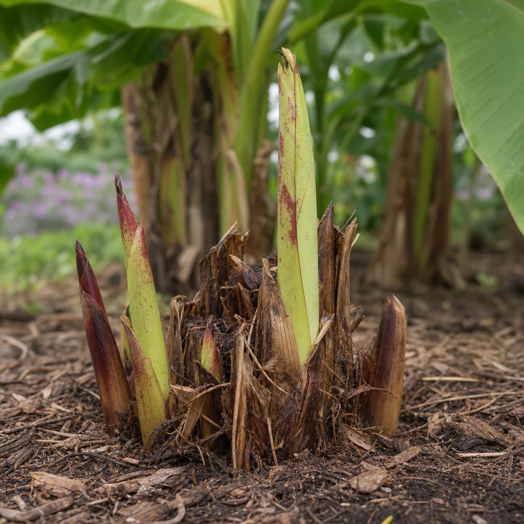 Musa basjoo in het voorjaar met verse groene uitlopers aan de basis na een geslaagde overwintering in de volle grond