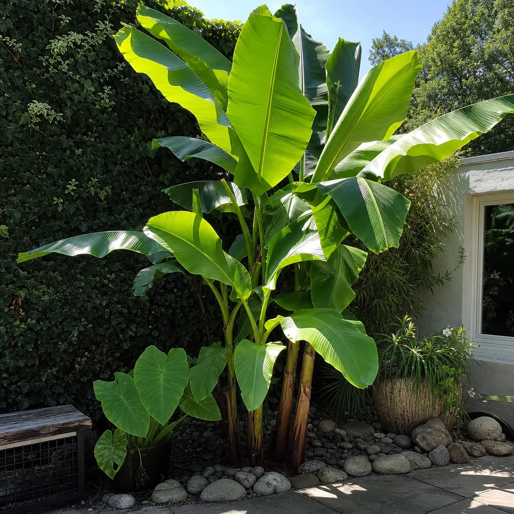Volwassen Musa basjoo plant met indrukwekkende bladerkroon in een beschutte, zonnige tuinhoek in Nederland