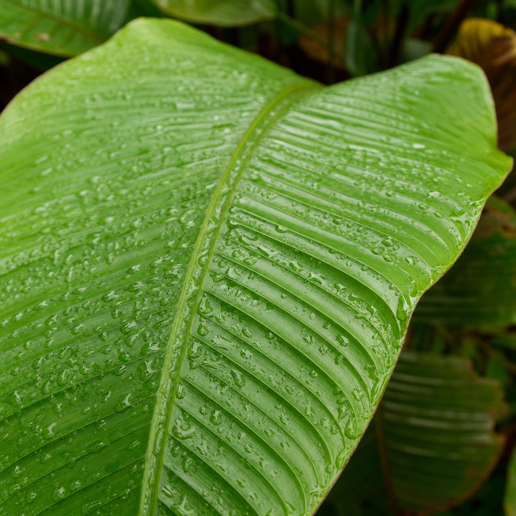 Close-up van een Musa basjoo blad met waterdruppels, symbool voor de juiste watergift en verzorging in de Nederlandse tuin