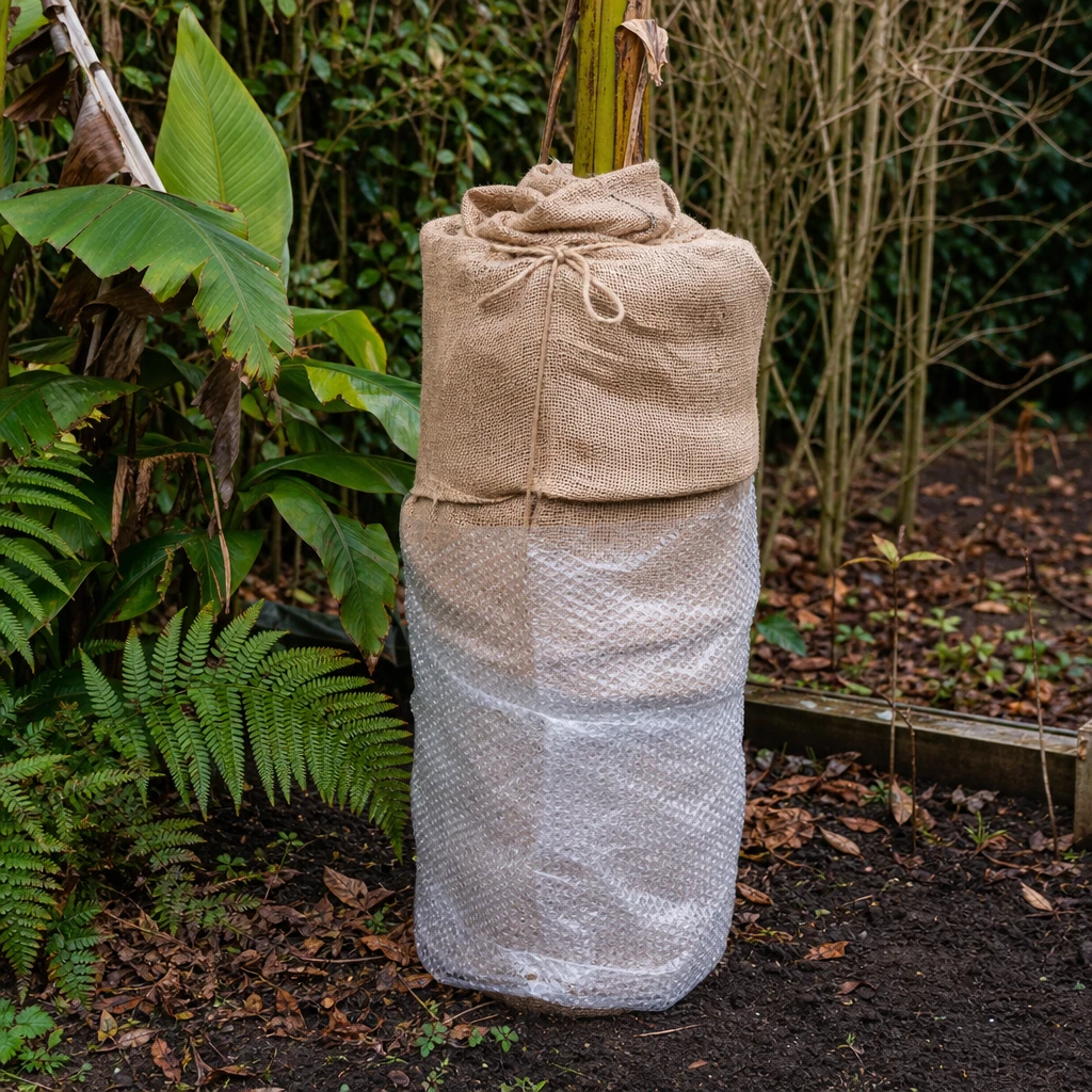 Musa basjoo in pot buiten overwinterd met noppenfolie en jute rondom de pot en tuinvlies om de schijnstam als bescherming tegen vorst