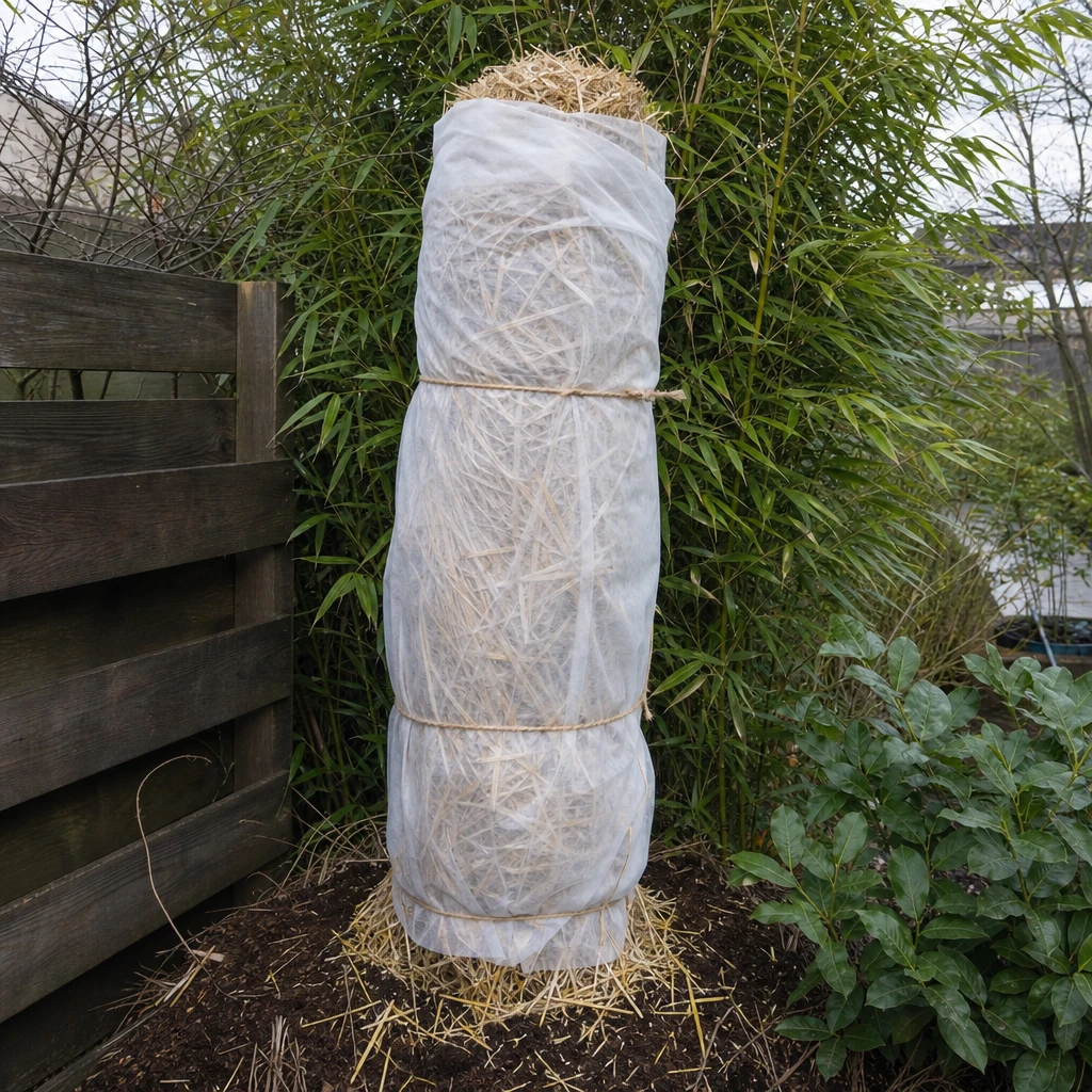 Musa basjoo pseudostam zorgvuldig ingepakt met stro en tuinvlies als winterbescherming in een Nederlandse tuin