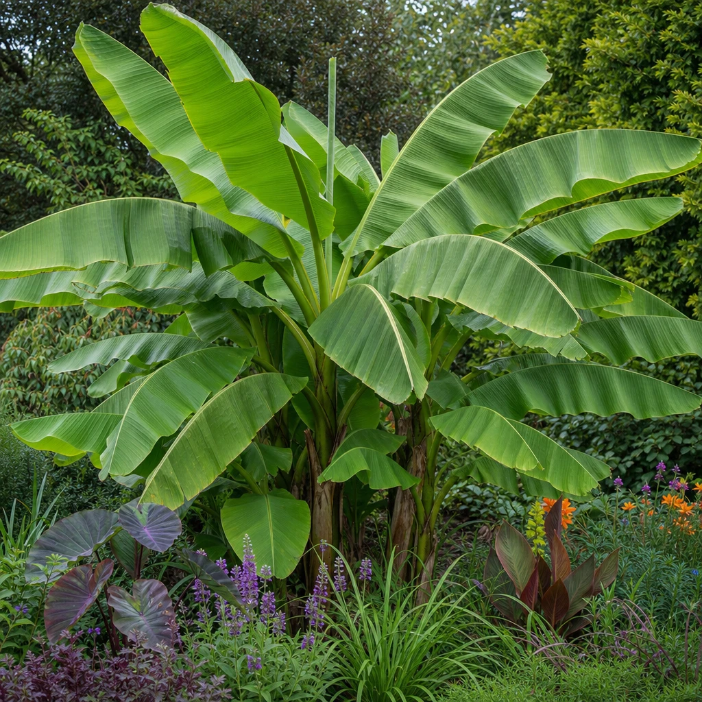 Grote Musa basjoo bananenplant met brede tropische bladeren in een Nederlandse tuin