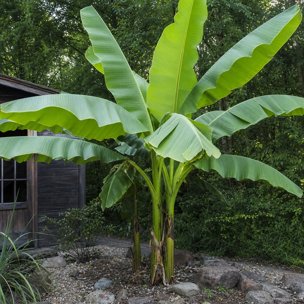 Musa basjoo in volle groei in een Nederlandse tuin, ingezonden door een tevreden klant