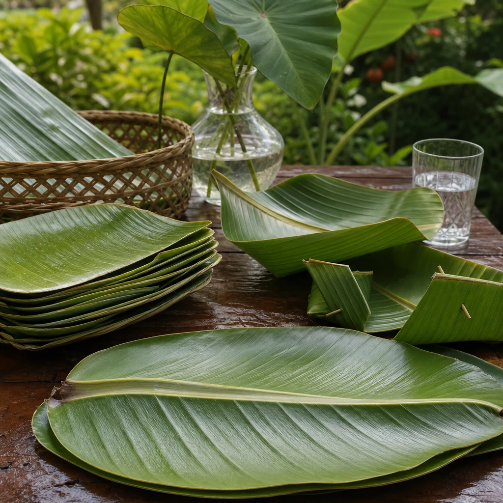 Vers bananenblad van de Musa basjoo ingezet als naturel bord met Aziatisch geïnspireerde gerechten op een tuintafel