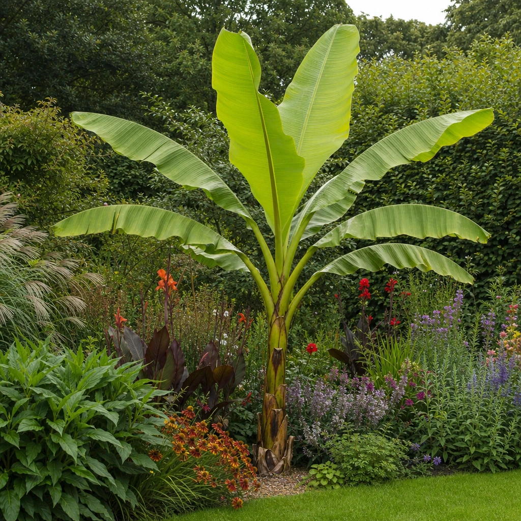 Musa basjoo bananenplant als imposante eyecatcher in een border omringd door Canna's en siergrassen in een Nederlandse tuin