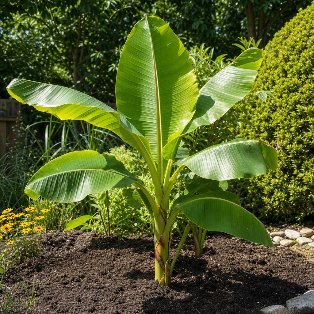 Musa basjoo uitplanten in de tuin - jonge bananenplant in volle grond