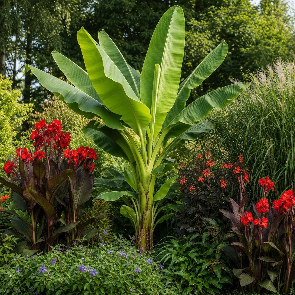 Musa basjoo bananenplant in volle bloei met tropische sfeer in een verzorgde Nederlandse achtertuin omringd door kleurrijke Canna's en siergrassen