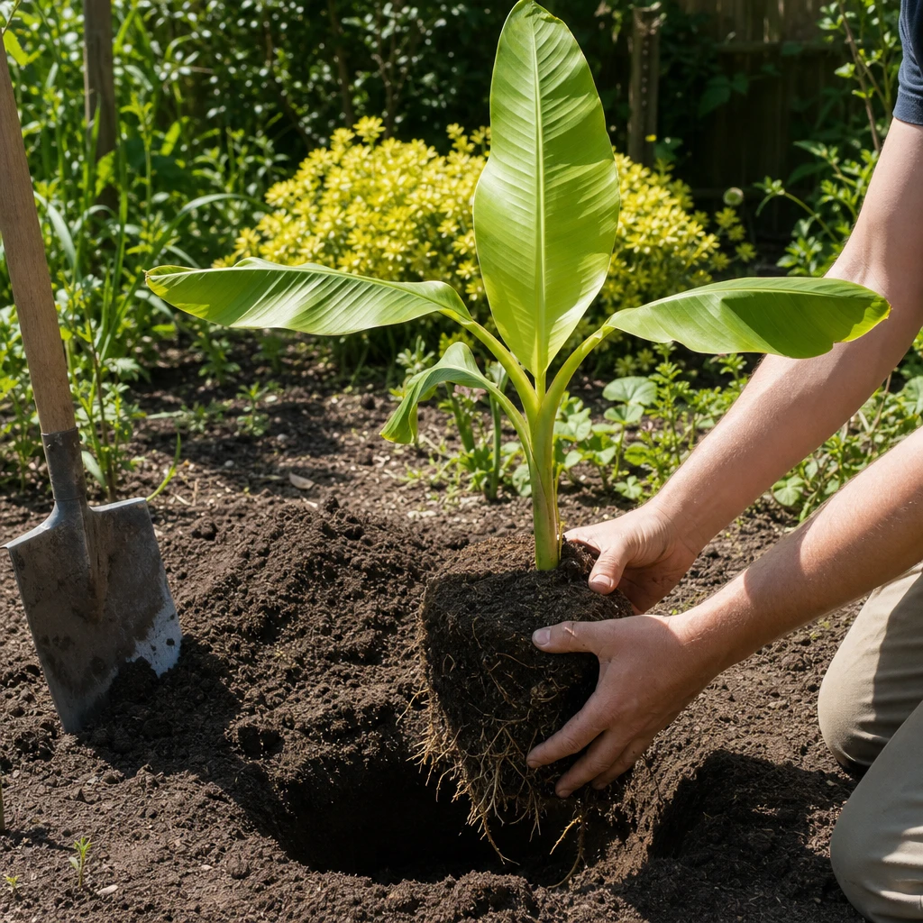 Musa basjoo uitplanten stap voor stap - jonge bananenplant in voorbereide tuingrond