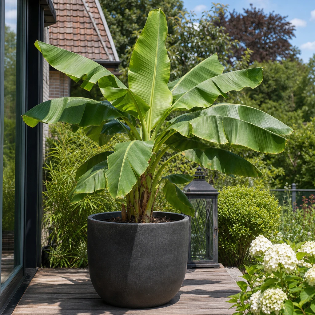 Musa basjoo uitplanten in een pot of kuip - bananenplant in grote container met drainage