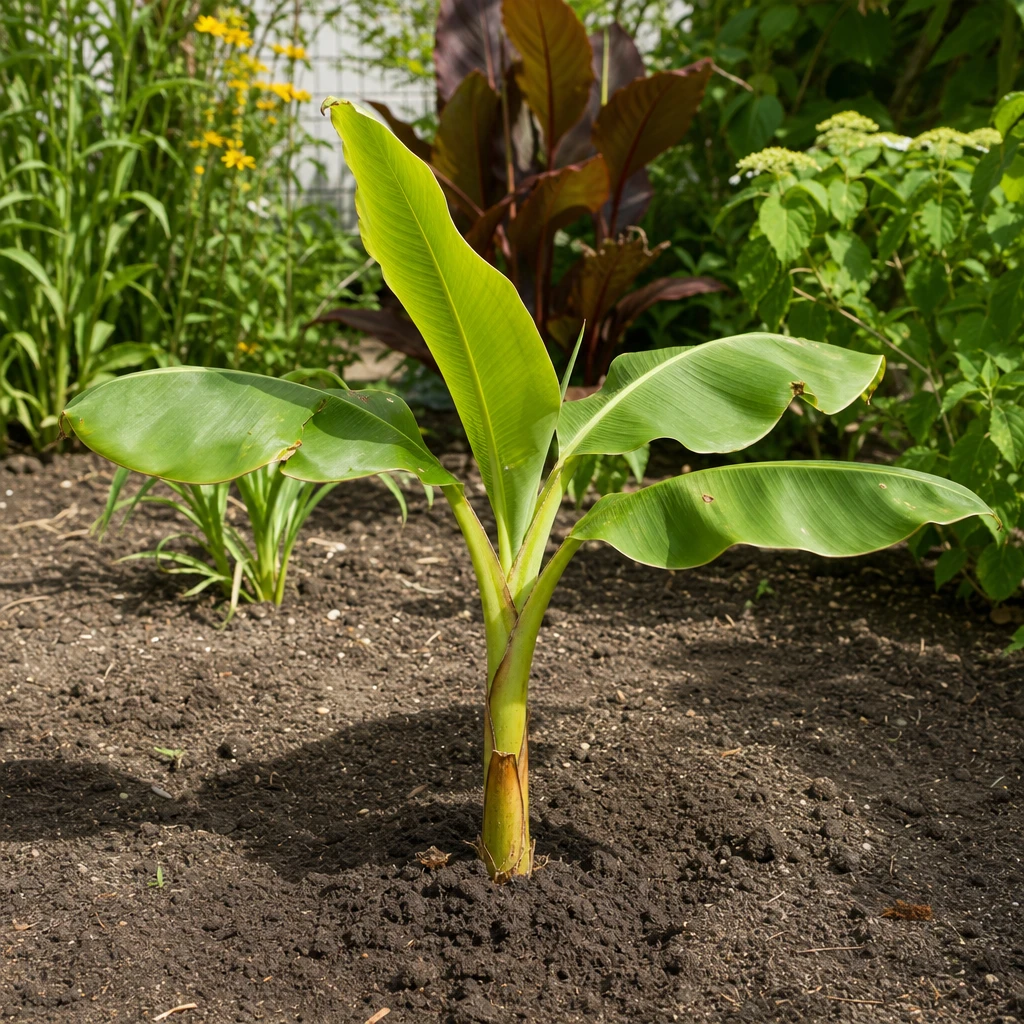 Musa basjoo uitplanten in pot of kuip - bananenplant in grote container met goede drainage en luchtig substraat