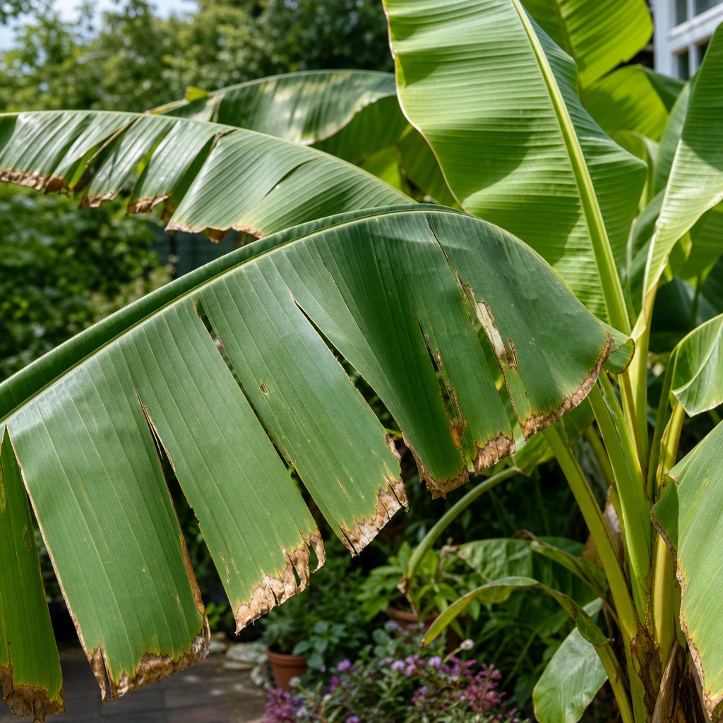 Beschadigd blad van een Musa basjoo door wind en weersinvloeden