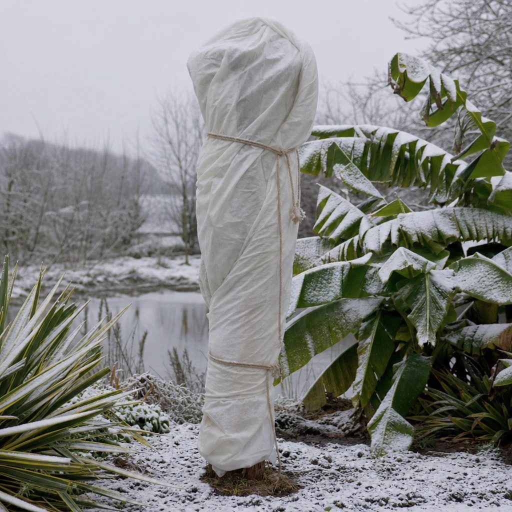 Musa basjoo ingepakt met vliesdoek als bescherming tegen vorst tijdens de winter