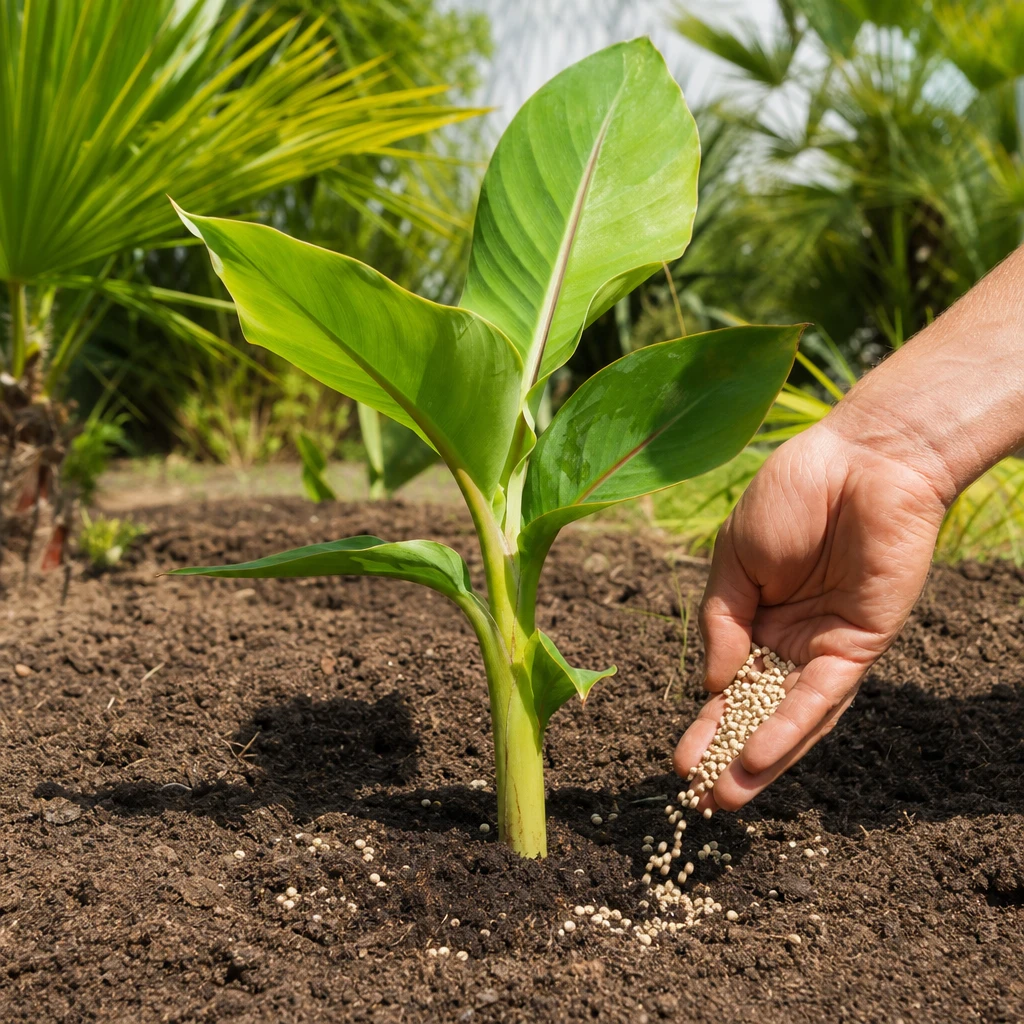 Mestkorrels worden met de hand rondom een kleine Musa basjoo in de grond gestrooid