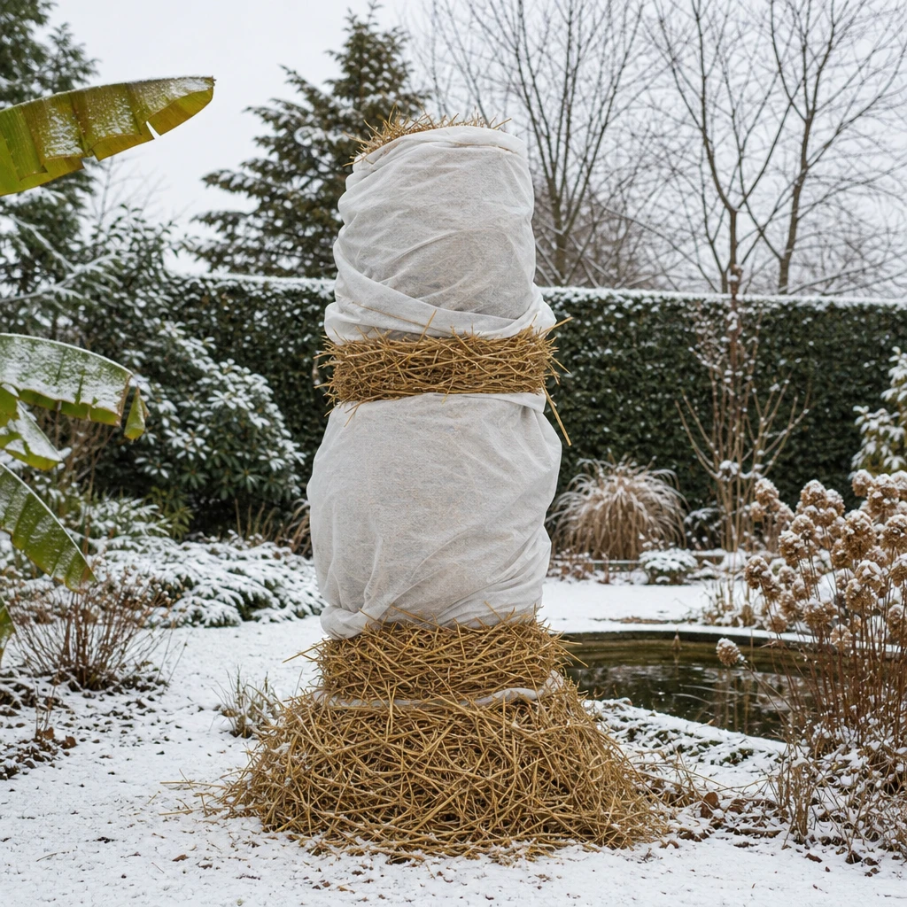 Musa basjoo plant ingepakt voor de winter met stro en tuinvlies ter bescherming van de schijnstam en wortelstok
